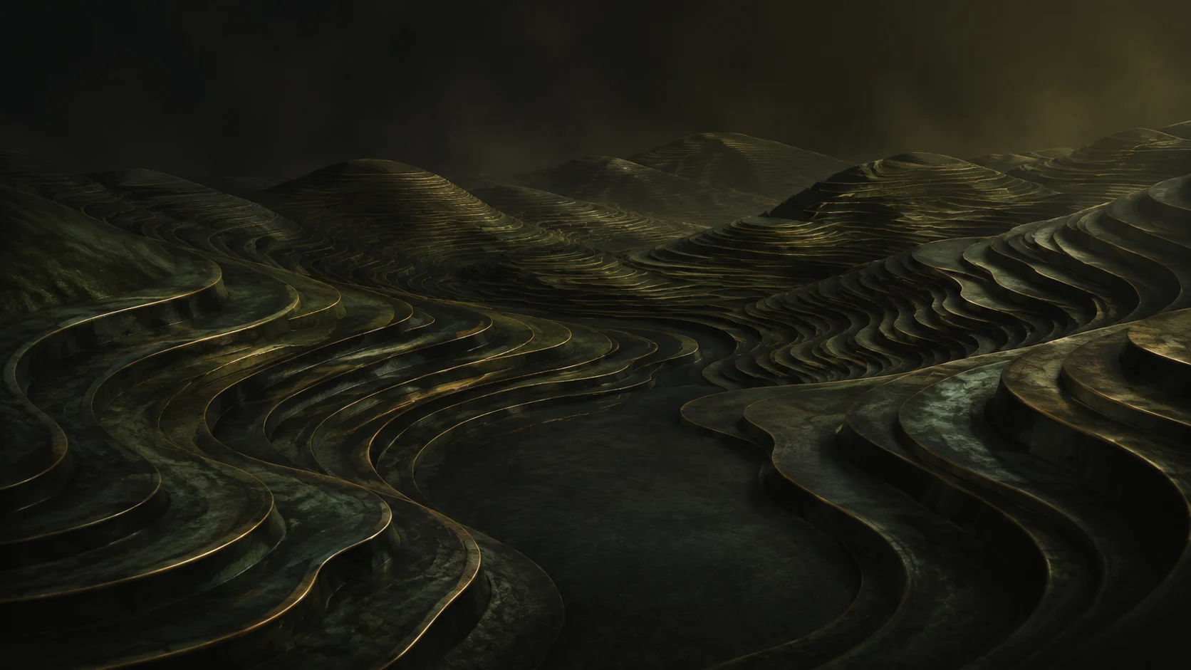 Vietnamese rice terraces reimagined in dark jade-patinated bronze with champagne edges